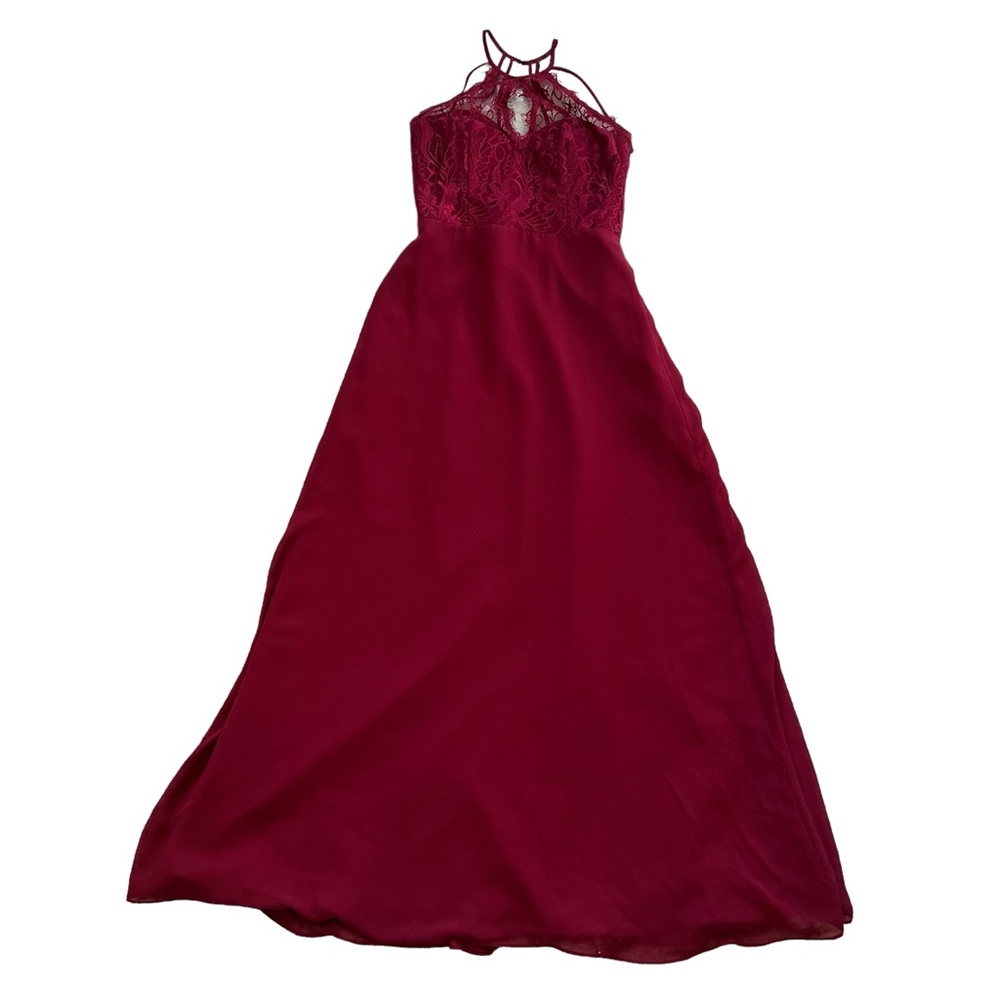 Hayley Paige Burgundy Halter Keyhole Lace Dress - Picture 11 of 12